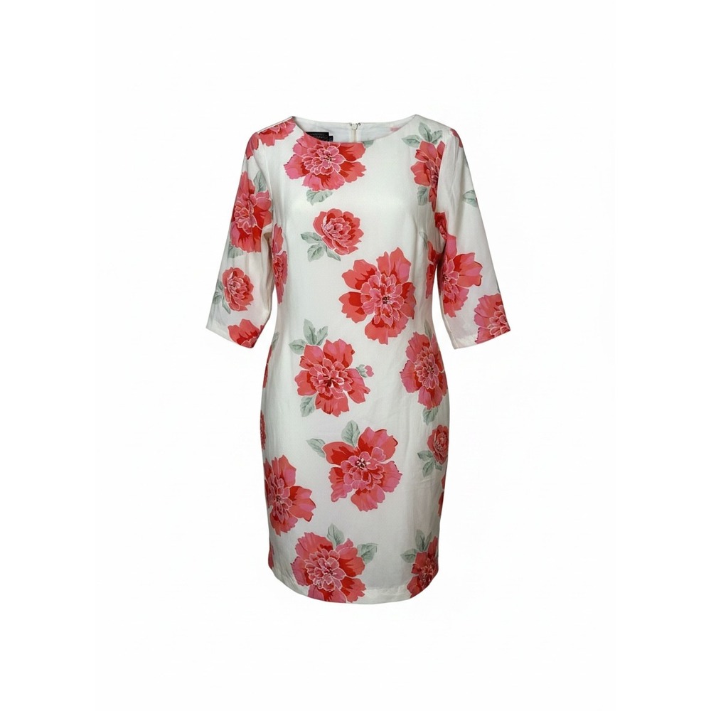 Pendleton Womens Pink Floral Silk Sheath Dress 3/4 Sleeve Size 6 White Red Peony